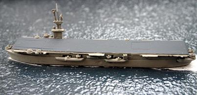 A 1/1250 scale second-hand model of USS Commencement Bay CVE 105 which was probably made by HDS number M44. The model is cast in metal and carefully painted and is in good condition overall, see photograph.