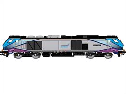 Detailed model of DRS class 68 diesel locomotive 68030 Black Douglas in Transpenine Express livery.Transpenine express hire several of the DRS class 68 locomotives, with 68019-68034 equipped for use with CAF mark 5A passenger coach sets.This Dapol model features a heavy diecast chassis with centrally mounted motor with flywheels for smooth running. The finely moulded body has many separately fitted detail parts and etched nameplates are provided to cover the printed name detail. The directional lighting is independently controllable, allowing a range of lighting effects.