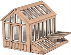 Laser cut wood and card kit of a garden greenhouse with cold frames.Greenhouse footprint 26mm x 18mm.Coldframe footprint 12mm x 8mm