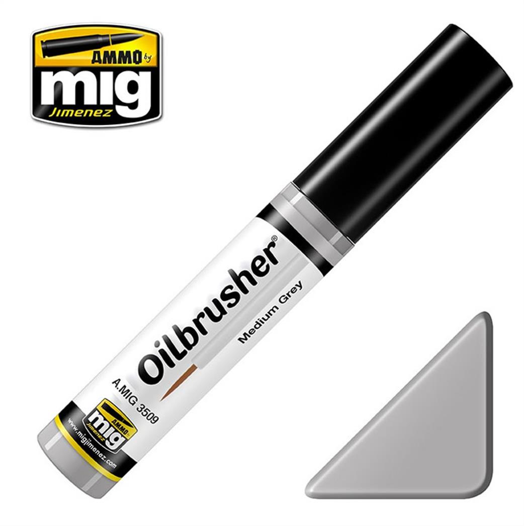 Ammo of Mig Jimenez  A.MIG-3509 Medium Grey Oilbrusher 10ml Oil paint with fine brush applicator