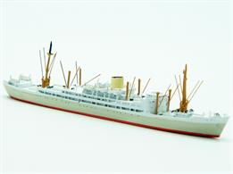 A 1/1250 scale model of the Belgian liner Elizabethville of the 1950s by CM Miniaturen CM-KR267. Elizabethville was one of a group of sister-hips built after WW2 to sail between Europe &amp; Africa or South America.