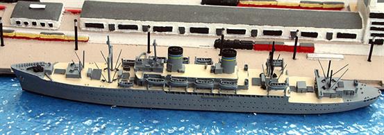 A 1/1250 scale model of USS General William O. Darby a troop transport of the MSTS in 1950 by Solent Models SOM19a. This model has painted wood-effect decks and details compared to the standard SOM19 model, see photograph.
