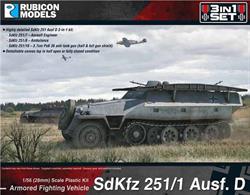 This highly detailed SdKfz 251 Ausf D is a 3-in-1 plastic kit which can be built to represent a SdKfz 251/7 Assault Engineering vehicle, SdKfz 251/8 Ambulance or SdKfz 251/10 with 37mm PaK 36 anti-tank gun.Number of Parts: 64 pieces / 3 sprues