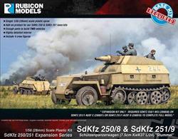 Expansion kit only. Suitable for use with SdKfz 250/251 kits 280018, 280031, 280038.This expansion pack supplies the parts needed to convert SdKfz 250 or SdKfz 251 half track kits to the SdKfz 280/8 or SdKfz 251/9 self propelled gun with 75cm short barrel howitzers. Parts are supplied to convert 2 vehicles.Number of Parts: 41 pieces plus 2 figure sprues