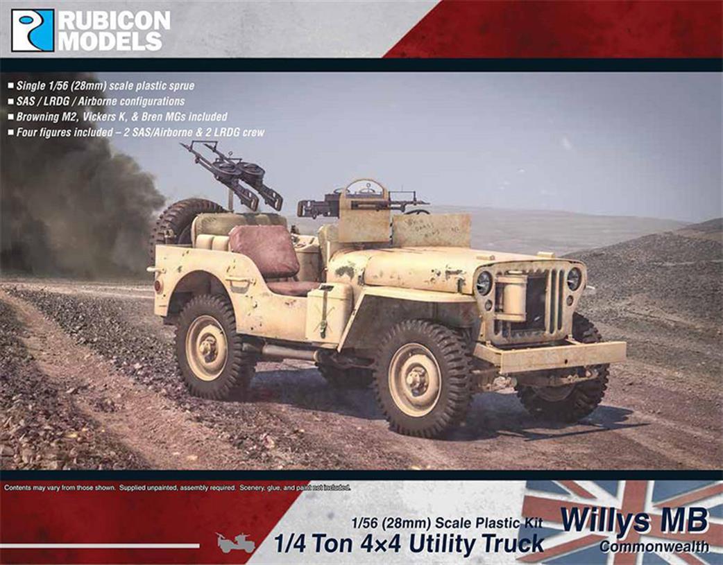 Rubicon Models 280050 Willys MB 1/4ton 4x4 Truck Commonwealth Forces Plastic Model Kit 1/56 28mm