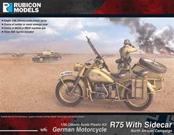 This kit builds a model of the BMW R75 motorcycle with side car, as used by the Afrika Korps (DAK Deutsches Afrikakorps). Optional leather or metal stowage cases and a choice of MG34 or MG42 machines guns are provided.Number of Parts: 45 pieces / 1 sprue + 2 figure sprues