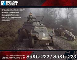 This kit can be built as either a SdKfz 222 with 20mm KwK L/55 cannon or SdKfz 223 with frame radio antenna light armoured scout car. The kit also porvides the base vehicle for conversion to the unarmed SdKfz 260/261 radio communications vehicles.