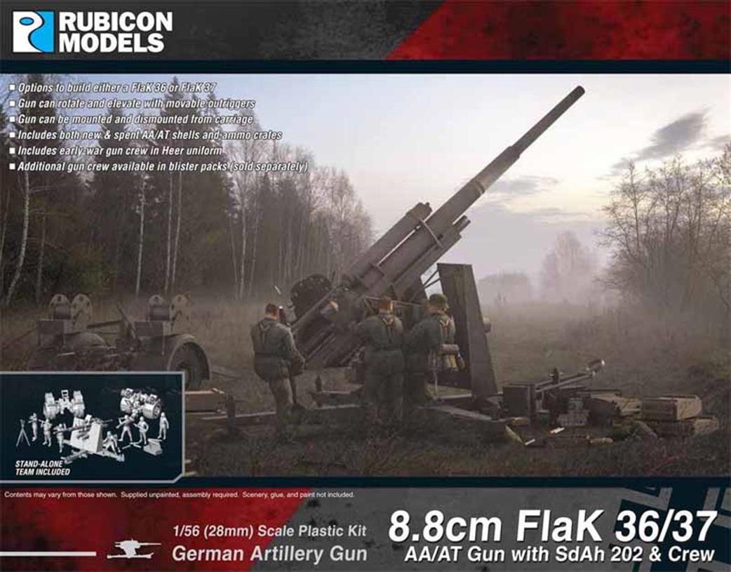 Rubicon Models 1/56 28mm 280069 German Flak88 36/37 Gun with SdAh 202 & Crew Plastic Model Kit