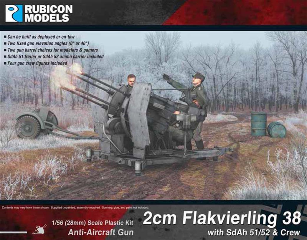 Rubicon Models 1/56 28mm 280073 German 2cm Flakvierling 38 & SdAh 51/52 Trailer & Crew Plastic Kit