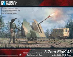 Kit to build a model of a German 3.7cm FlaK 43 anti-aircraft gun with SdAh 58 trailer and crew. Kit can be built with the gun deployed or loaded on the transport trailer.