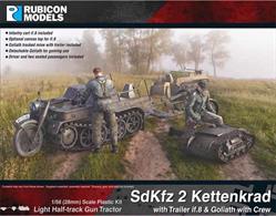 Detailed kit building a model of a SdKfz 2 Kettenkrad light artillery tractor with a detachable Goliath tracked mine, if.8 transport trailer and crew of driver and two seated passengers.