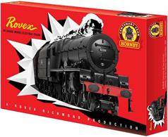 A special train set being released to mark Hornbys Centenary year.Contents to be confirmed, the released box image shows LMS Stanier Princess Royal pacific class locomotive 46201 Princess Elizabeth in British Railways black livery, presented in a retro styled box bearing the Rovex name from the 1950s and 60s.Oval of track and power controller included.