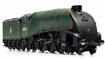 New model announced 2020, delivery expected Quarter 1 2021.The experimental locomotive 10000 had been built on the A4 chassis design and following the high pressure boiler testing was rebuilt with a conventional boiler and streamlining. Now closely resembling an A4 class locomotive 10000 ran until 1959. Like the A4 class engines the wheel valances were removed to aid access for maintenance. This model presents 10000 with it's British Railways number of 60700 in lined green livery with early lion over wheel emblem.