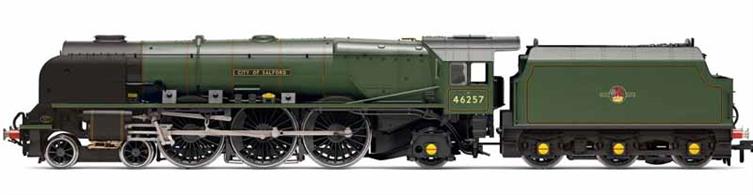 Highly detailed model of BR 46257 City of Salford, the last-built of the Stanier Princess Coronation class 4-62- pacific locomotives introduced on the West Coast main line in 1937 to haul the heavily loaded Anglo-Scottish expresses. Model finished in Britiish Railways lined green livery with late lion holding wheel crests.