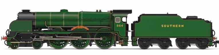 Highly detailed model of Southern Railway Lord Nelson class 4-6-0 express passenger locomotive 864 Sir Martin Frobisher finished in malachite green livery with sunshine lettering.