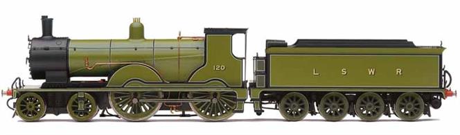 Detailed model of LSWR T9 class 4-4-0 number 120 finished in LSWR sage green livery. This is the preserved example of the class which, with it's aesthetically pleasing design, still looks like an express passenger engine today. Traction tyres on the driving axles allow this small engine to haul a realistic train.