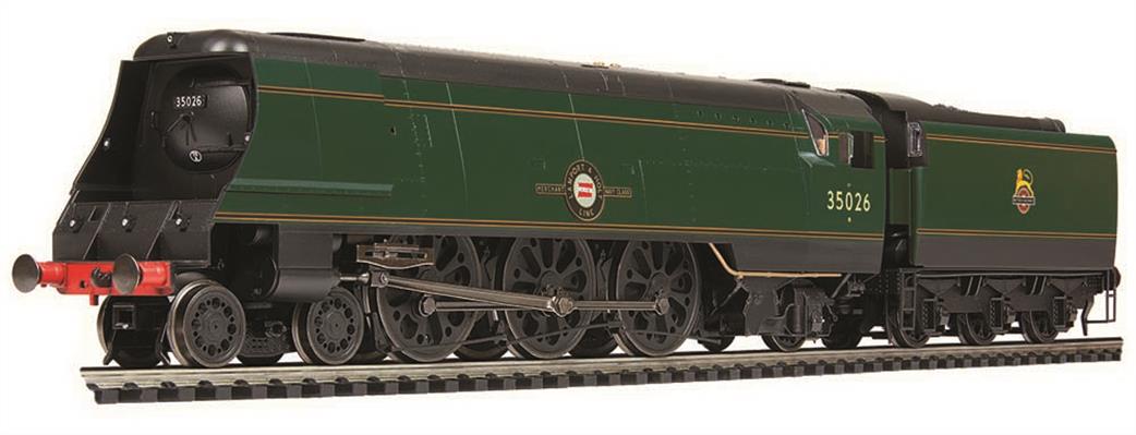 Hornby R30112 Dublo BR 35026 Lamport & Holt Line Bulleid Streamlined Merchant Navy Class 4-6-2 Pacific BR Lined Green Early Emblem OO