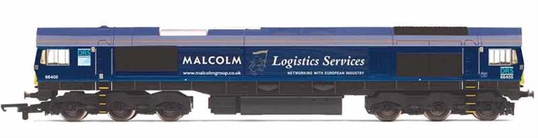 Nicely detailed model of the class 66 diesel locomotive 66405 operated by DRS, Direct Rail Services, painted in Malcolm Logistics livery to mark the partnership with Scottish logistics company the Malcolm Group to synergise the use of rail transport for long-distance haulage.