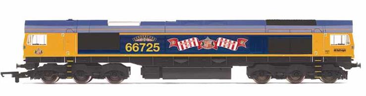 Nicely detailed model of GB Railfreight class 66 diesel locomotive 66725 named Sunderland with a plates designed to replicate the arc plates carried by the LNER B17 steam locomotive which carried this name incorporating a football in the centre of the plate.  The locos' livery has been further embellished with a supporters scarf carrying the football clubs' arms.