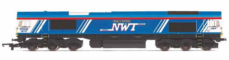 Nicely detailed model of GB Railfreight class 66 diesel locomotive 66747 named Made in Sheffield and carrying this distinctive Newell &amp; Wright livery applied to mark the partnership between GBRf &amp; NWT for rail haulage through to the Newell &amp; Wright Rotherham terminal.