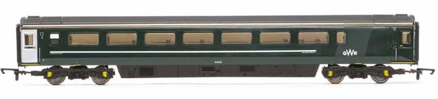 Model of GWR green liveried Mk3 HST TGS standard class coach with guards' office 44005.