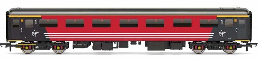 Detailed model of Virgin Trains Mk2F FO first class open coach 3340 in Virgin red livery