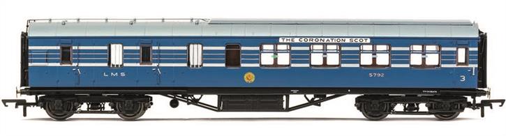 A range of new and highly detailed models of the coaches forming the LMS Coronation Scot train built in 1937.This model is diagram D1905 BTK third class side corridor brake end coach 5792 finished in Coronation Scot blue livery.