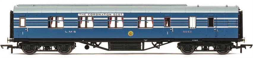 A range of new and highly detailed models of the coaches forming the LMS Coronation Scot train built in 1937.This model is diagram D1961 BFK first class side corridor brake end coach 5053 finished in Coronation Scot blue livery.