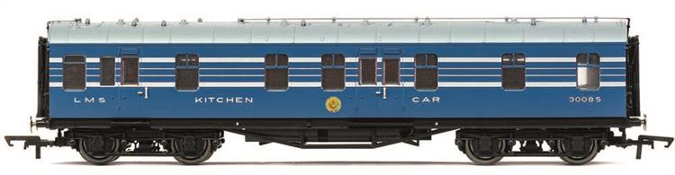 A range of new and highly detailed models of the coaches forming the LMS Coronation Scot train built in 1937.This model is diagram D1912 full kitchen car (RK) 30085, one of the kitchen cars specially built to provide at-seat meal service and finished in Coronation Scot blue livery.