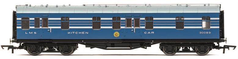 A range of new and highly detailed models of the coaches forming the LMS Coronation Scot train built in 1937.This model is diagram D1912 full kitchen car (RK) 30089, one of the kitchen cars specially built to provide at-seat meal service and finished in Coronation Scot blue livery.