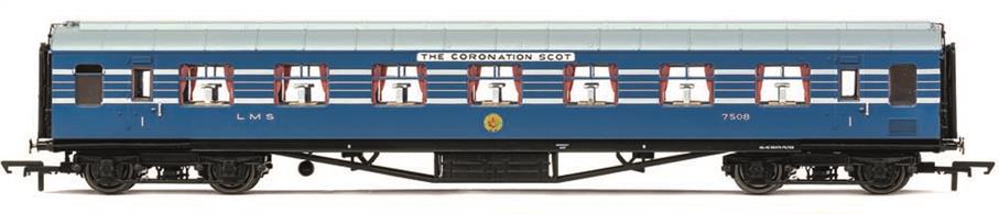 A range of new and highly detailed models of the coaches forming the LMS Coronation Scot train built in 1937.This model is diagram D1902 Restaurant First class Open (RTO) coach 7508, the open plan seating first class coaches built for the Coronation Scot train to permit at-seat meals service to be provided. Finished in Coronation Scot blue livery.