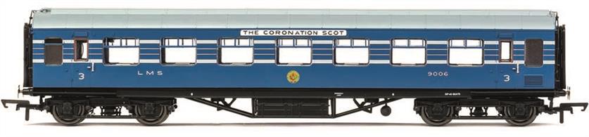 A range of new and highly detailed models of the coaches forming the LMS Coronation Scot train built in 1937.This model is diagram D1981 Restaurant Third class Open (RTO) coach 9006, the open plan seating third class coaches provided for the Coronation Scot train to permit at-seat meals service to be provided. Finished in Coronation Scot blue livery.