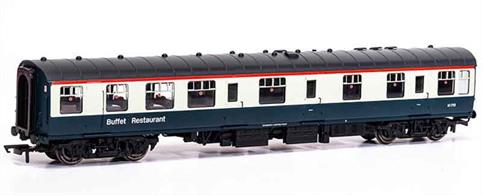 New tool model of BR Mk1 RB Restaurant Buffet M1627 car finished in blue &amp; grey livery.These coaches had a large kitchen able to provide full meal service along with a buffet counter for walk-up customers.