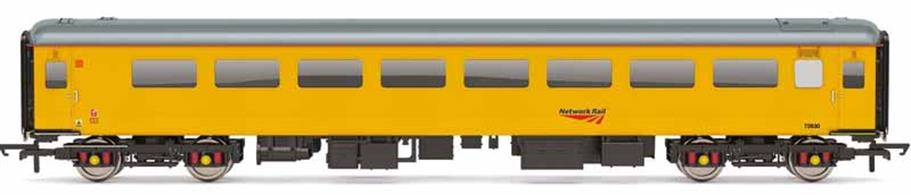 Detailed model of Network Rail structure gauging train support coach 72630 a former BR Mk.2F TSO coach finished in engineers yellow livery.