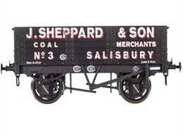 Detailed model of the RCH 1887 design specification wagons built at the Gloucester Railway Carriage and Wagon Company.5 plank open coal wagon finished in black with white lettering, shaded red livery of J Sheppard &amp; Son, coal merchants at Salisbury, wagon number 3.