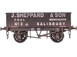 Detailed model of the RCH 1887 design specification wagons built at the Gloucester Railway Carriage and Wagon Company.5 plank open coal wagon finished in black with white lettering, shaded red livery of J Sheppard &amp; Son, coal merchants at Salisbury, wagon number 3