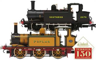 To celebrate 150 years of the Terrier, we are thrilled to be producing this limited edition train pack in association with The Terrier Trust and Kent &amp; East Sussex Railway.The Kent &amp; East Sussex Railway has been synonymous with 'Terriers' since purchasing the 1872 built No. 70 'Poplar' in 1901. Having spent most of its life on the K&amp;ESR, to celebrate its 150th anniversary the Railway commissioned 'Poplar's overhaul, with the locomotive now resplendent in its original livery of Stroudley 'improved engine green'The second 'Terrier' No. 78 'Knowle' completes this celebratory brace of Stroudley's locomotives. Now preserved at the K&amp;ESR 'Knowle' today carries the plain black Southern livery with 'sunshine' lettering.