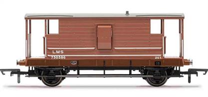 Detailed model of LMS diagram D1919 20ton goods train guards brake van 730386 finished in LMS bauxite livery with post-1934 small lettering.These smooth riding long wheelbase brake vans