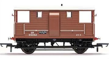 Detailed model of A LSWR 'New Van' 20 ton goods train brake van finished in Southern railway goods brown livery.