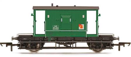 Model of British Railways standard design goods train brake van B954812 in later condition equipped for service with air braked trains and painted in an unusual green livery with Speedlink logos.