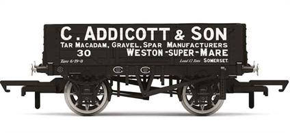 Model of a 4 plank open aggregates wagon number 30 operated by C Addicott &amp; Son of Weston-Super-Mare.The Addicotts described their business on the wagon sides as tar macadam, gravel and spar manufacturers.