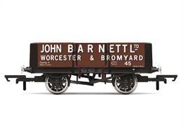 Model of John Barnett Ltd. of Worcester and Bromyard 5 plank open wagon number 45.This open wagon is fitted with NEM couplings and metal wheels, allowing it to roll freely and therefore allowing wagons to run in long rakes behind even small locomotives as may sometimes be tasked with hauling them. This wagon also has internal plank detailing, a load need not be fitted if you do not wish to add one.
