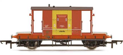 Model of British Railways standard design goods train brake van B954913 in later condition equipped for service with air braked trains. These vans received this distinctive version of the bauxite livery with a large central yellow panel.