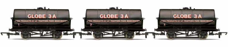 Pack of 3 20ton tank wagons carrying the Globe 3A brand of the Corn Products Company.Corn Products Company, later CPC, was based on the Trafford Park estate alongside the Manchester Ship Canal and still used a steam locomotive for shunting into the 1970s.