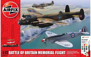 Plastic kits of a Battle of Britain survivor Spitfire Mk 2a, plus the tremendous Lancaster B3 and a Spitfire Mk XIX from the latter stages of WW2 make Airfix A50182 1/72nd Battle of Britain Memorial Flight Gift Set terrific value. Paints, Glue and brushes included - get started straight away.One Lancaster and Two Spitfires Very good Value gift Set