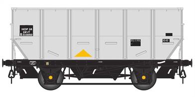 Detailed model of the British Railways 24½ton capacity coal hopper wagons, coded HOP or HOP24, later TOPS coded HUO.Model of wagon B333850 with lettering on black patches and pre-TOPS code HOP 24.