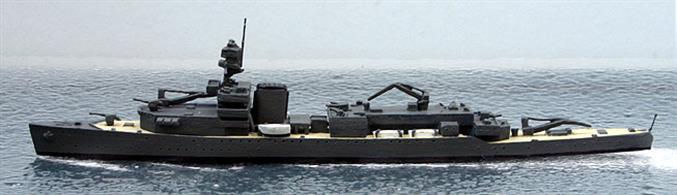 A 1/1250 scale second-hand model of HMS Vindictive as a repair ship. This model is based on an Anker 06 training cruiser model of Vindictive but the 7.5" guns have been replaced by smaller weapons (probably 4" shielded AA guns, the main mast by a crane and the crane on the quarterdeck has been retained. This does not match any photographs of the repair ship version that we have found but it might have been a proposal when the refit to HMS Effingham standard fell through. This model is finished in Home Fleet dark grey and has wood-coloured decks, see photograph.
