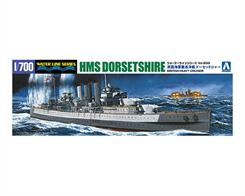 Deatiled 1:700 scale plastic model kit for the Royal Navy WW2 heavy cruiser HMS Dorsetshire, one of 7 of the Norfolk sub-type County class heavy cruisers built to Washington treaty limitations. Assigned to the Royal Navy's China station at the outbreak of WW2 HMS Dorsetshire participated in the hunt for the KMS Bismarck before being sunk by Japanese aircraft off Ceylon in 1942.