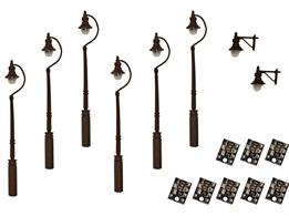 Value Pack of super-high quality LED 4mm scale swan-neck lamps in black (dark brown) (2x wall lamps, 6x street/platform lamps)Pack Contents 6x 4mm scale street/platform lamps with 200mm connection wires 2x 4mm scale wall lamps with 200mm connection wires 8x Resistor boards – suitable for connection to regulated DC power 6-12V