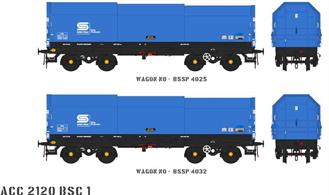 Two detailed models of the British Steel JSA covered steel coil carrier wagons with posable steel plate hoods.Pack BSC1 contains blue British Steel livery wagons numbers BSSP 4025 and BSSP 4032